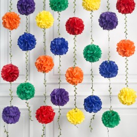Rainbow Party Decorations Colorful Tissue Paper Flowers Pom Pom with Leaf Ribbon Hanging Garland Streamer for Multi-color Birthday Baby Shower Wedding Carnival Clown Fiesta Festival Party Supplies