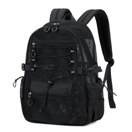 ASKSKY See Through Mesh Backpack for School, Heavy Duty Net Bookbag with Elastic Rope & 3D Padded Straps, Breathable Backpack for Beach, Swimming, Sports, Black Transparent Backpacks