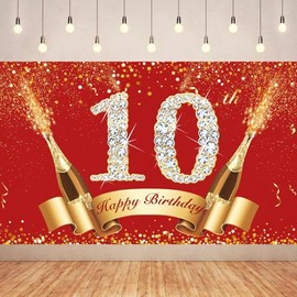 6x3.6FT Red Gold Birthday Banner Party Decorations,Red Gold 10th Happy Birthday Backdrop Decorations,Red Gold Happy Birthday Photography Background Party for Party Decorations Supplies.