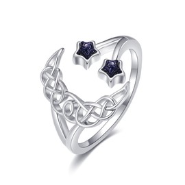 JERWLI Star Moon Rings 925 Sterling Silver Blue Sandstone Open Rings Moon and Star Jewelry Gifts for Women, Sterling Silver, No Gemstone