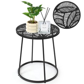 Vercraft Small Outdoor Side Table, 14" Patio Side Tables with Flower Cut Outs Weather Resistant Metal Outdoor End Table for Patio Outside Porch Balconies Garden(Black,Tropical Leaf)