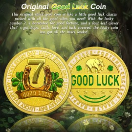Gold Double Sided Lucky Coin - Novelty Four Leaf Clover Lucky Charm Token - Horseshoe Elephant Lottery Ticket Scratcher Tool Chip - Poker Card Guard Medallion - Good Luck Gifts for Men Women Kids
