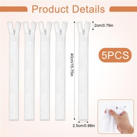 teasteam Invisible Zips 5Pcs #3 Zippers for Sewing 16Inch/40cm Closed-Ended Concealed Zippers White Zip Fixer for Tailor Sewing Tools Cushion DIY Craft Dressmaking Pillows Skirts Clothes Bags Pants