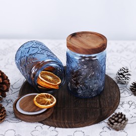 SHENGTIAN 23.7 FL OZ Blue Glass Canister, 2 Pack Vintage Glass Kitchen Storage Counter Jar, Candy Jars with Wooden Lids, Blue Mason Jars Hold Coffee Beans, Tea, Cookie, Sugar, Bath Salts & More