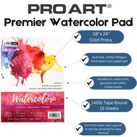 Pro Art Prem Watercolor Pad 18"x24", 15 Sheets, 140# CP TP, Watercolor Paper, Sketchbook, Water Color Paper, Paper Pad, Journal, Book, Paint Painting Paper