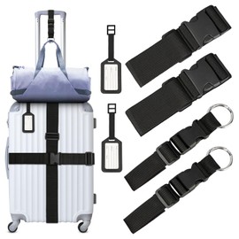 BATHRINS Luggage Strap, Set of 4, Adjustable Luggage Strap Including Bag Luggage Straps and 2 Luggage Tags, Travel Accessories, Suitcase Straps Set, Non-Slip Luggage Strap (Black)