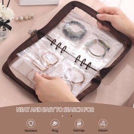 Jewelry Organizer Case Travel Jewelry Storage Book Clear Jewelry Earring Organizer Transparent Jewelry Organizers and Storage (Dark Brown,With 52 PCS Bracelet Pouches)