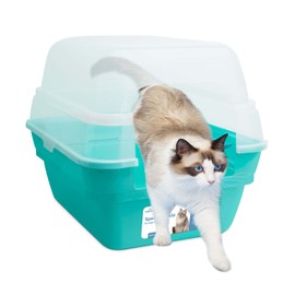 Petfamily Cat Litter Box, Large Foldable Jumbo Hooded Cat Litter Box with Transparent Lid (Teal)