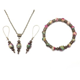 Schmuckset mit Armband, Ohrringen und Halskette im Vintage-Stil für Frauen in grün und braun getönter Jade