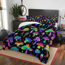AILONEN Mushroom Comforter Set Queen Size, Colorful Black Gradient Mushroom Bedding Set for Kids Girls,Fantasy Mushroom Bed in a Bag,1 Mushroom Comforter + 2 Pillowcases,Microfiber