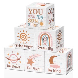 Vertintong 6 Pcs 1.6 Inch Inspirational Boho Rainbow Nursery Decor Baby Wooden Blocks Sun Clouds Butterfly Decor Motivational Sign for Nursery Shelf Baby Bedroom Playroom(Rainbow Style)