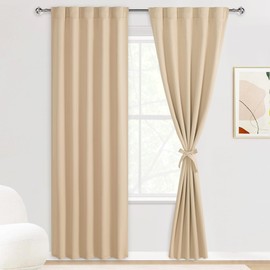 DWCN Blackout Curtains for Bedroom - 84 inch Length Back Tab and Rod Pocket Tieable Thermal Insulated Light Blocking Short Window Treatment Panels for Living Room, 42 x 84 Inch, Set of 2, Beige