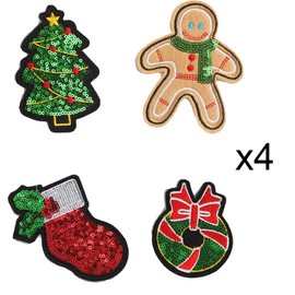 12pcs Christmas Iron on Patches Appliques Sequins Christmas Tree Embroidered Patches Glitter Gingerbread Man Santa Socks Sew on Appliques for Clothes Jeans Hat Shirt Sweater Decorations
