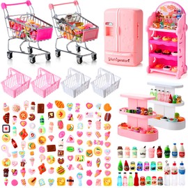 Rotatingpals 158 Pcs Mini Shopping Cart Basket Miniature Food Drink Bottle Mini Supermarket Trolleys Doll House Accessories Cosplay Game for Party Accessory(Pink,Classic Style)