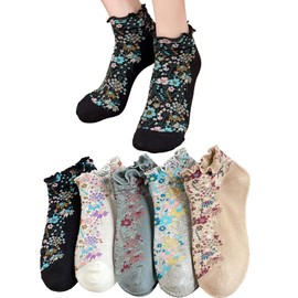 DsHome Women's Spring Cotton Ankle Socks, Floral Pattern, Embroidered, Cute, Breathable, Summer, No Stuffy, Odor Resistant, 8.7 - 9.8 inches (22 - 25 cm), multicolor