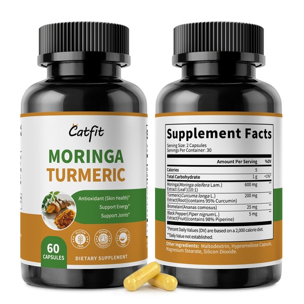 Catfit 2 Pack Moringa Capsules, Moringa Powder with Turmeric, Bromelain