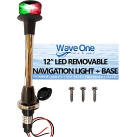 Wave One Marine 12" LED Bow Removable Bi-Color Navigation Light With Stainless Plug In Base | Boat 2 Pin Pole Pontoon Red Green Lights 1NM Visibility | 12 Volt DC | Night Nav Waterproof Inches