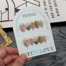 TENPAL French Tip Press on Nails Short Oval Cute Acrylic Pink Nails Press Ons Classic Checkered Grid Designs Fake Nails Reusable Full Cover Artificial Nails 10pcs Glue on Nails for Women Girls(S)