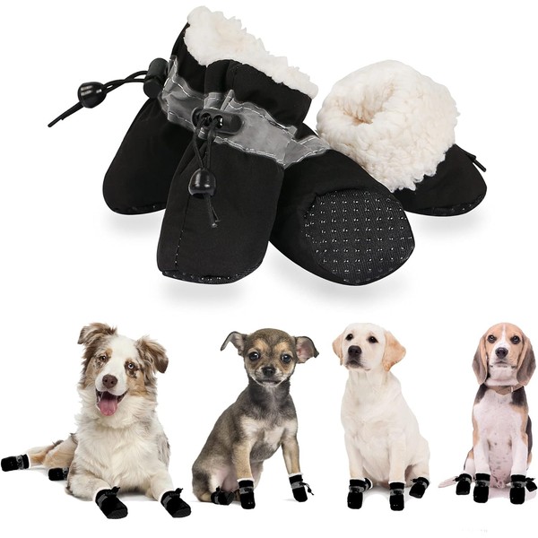 YAODHAOD Dog Shoes for Winter, Dog Boots & Paw Protectors, Fleece Warm Snow Booties for Puppy with Reflective Strip Anti-Slip Rubber Sole for Small Medium Size Dogs,Size 3: 1.5"x1.3" (L*W),Black
