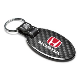 iPick Image Compatible with Honda Red Logo Real Carbon Fiber Large Oval Shape with Black Leather Strap Key Chain