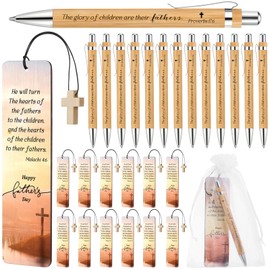 Spakon 25 Sets Father's Day Christian Gift with Bible Verse Bamboo Pen Religious Bookmarks Wooden Scripture Bookmarks with Organza Bags Christian Gifts for Dad Pastor Church Group Favor