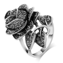 Ajojewel Women's Black Rhinestone Rose Flower Ring Vintage Antique Jewelry Romatic Gifts For Anniverary Party Gifts (Black, 9)