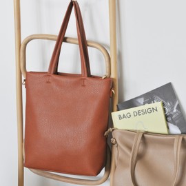 HOXIS Women's Vertical Tote Bag with Removable Shoulder Strap Vegan Leather Shoulder Handbag Satchel Bag, Orange-brown