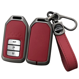 ontto Alloy Leather Remote Key Fob Cover Fit for Honda Accord Civic CR-V Fit HR-V Pilot EX Odyssey Crosstour Ridgeline 2/3/4 buttons Key Shell case keyring Key holder bag keychian accessories Red B