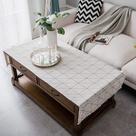 FDY MY Coffee Table Cover with Pockets and Pompom Tassel Cotton Linen Coffee Table Cloth for Living Room Anti-Wrinkle Washer Dryer Fridge Top Dust Cover (White Chessboard, 24" x 63")