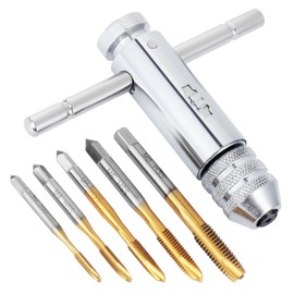 Habwea 5 Piece Tap Set, M3 M4 M5 M6 M8 HSS Thread Milling T Handle Ratchet Tap Holder Key (Tap Wrench Set Golden)
