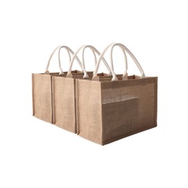 MEIANJU Jute Reusable Tote Bags Natural Jute Christmas Gift Bags with Cotton Handles Tote Bags Wedding Bridesmaid Favors Burlap Bag Embroidery DIY Art Crafts Print Decoration,14.6"x10.2"x6.5"Pack of6