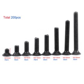 M3 Hex Countersunk Screws, 200 Pcs M3 Countersunk Countersunk Hex Socket Screw Bolt Machine Fastener Assortment Set (4mm/6mm/8mm/10mm/12mm*30pcs,16mm/20mm/25mm*20pcs)