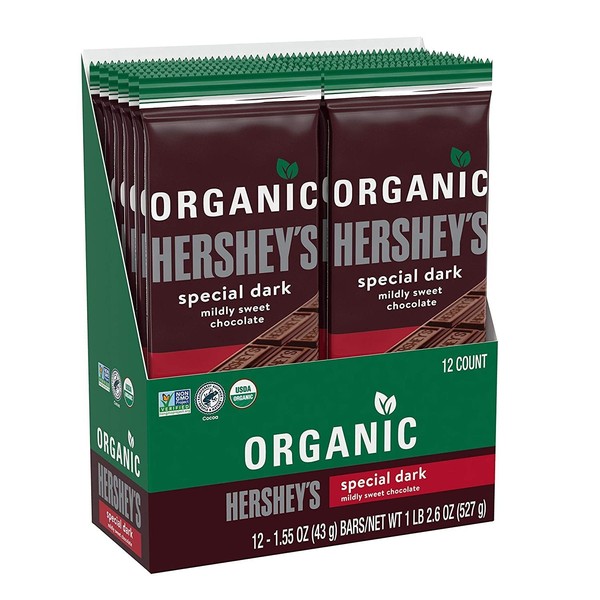 HERSHEY'S SPECIAL DARK Mildly Sweet Organic Dark Chocolate Candy, Individually Wrapped, 1.55 oz Bars (12 Count)