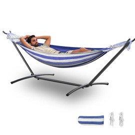 ANAGOO Double Hammock with Stand, 2 Person Hammock with Carrying Bag,Heavy Duty Portable,500 lb Capacity, Perfect for Both Indoors and Outdoors, Blue White
