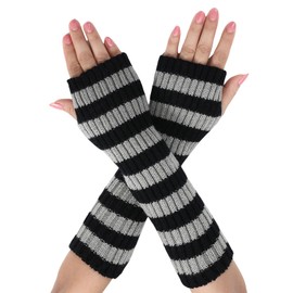 Symphonyw Women's Long Fingerless Gloves, Striped Knitted Arm Warmers, Soft Winter Arm Warmers with Thumb Hole, Black and light grey
