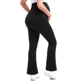 Leafigure Maternity Flare Leggings with Pockets Over The Belly Yoga Pants for Workout Soft Pregnancy Activewear Black S