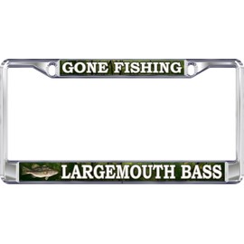 Outdoor Customs Gone Fishing Large Mouth Bass Metal License Plate Frame, Chrome Plated, UV-Resistant, 3D Domed Fish Decal, Weatherproof, Made in USA, Silver
