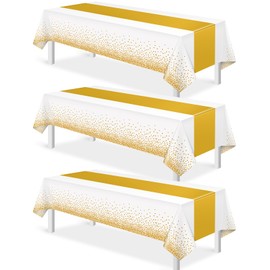 3Pcs White and Gold Tablecloth Party Decorations,Plastic White Table Cloth Printed Gold Table Runner Disposable Rectangle Table Cover for Birthday Wedding Anniversary Graduation Party,54 x108 Inch