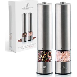 Electric Salt and Pepper Grinder Set - Stainless Steel Battery Operated Salt & Pepper Mills with Light (Pack of 2) - Automatic One Handed Operation Adjustable Ceramic Grinders