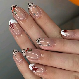 Leopard Print French Tip Press on Nails Short Fake Nails Nude Almond False Nails Press on Cherry Star Designs Glossy Rhinestones Acrylic Stick on Nails Cute Natural Nail for Women 30PCS