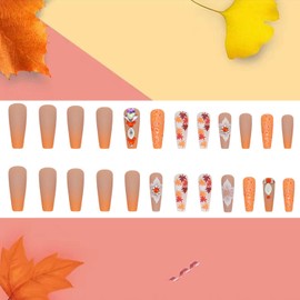 Thanksgiving Press on Nails Long Length Maple Leaves False Nails with Rhinestones Sequins Design Orange Gradient Acrylic Nails Full Cover Coffin Nails Reusable Glue on Nails for Women Festival Nails