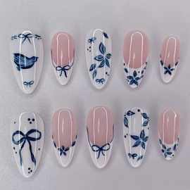 Blue Flower Press on Nails Medium Almond Fake Nails with Bow Design French Tip False Nails Full Cover Acrylic Glue on Nails Summer Stick on Nails for Women Manicure 24Pcs