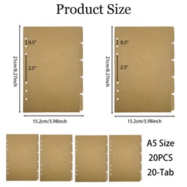 20pcs A5 Binder Dividers with Tabs 6-Hole Kraft Paper Index Tabs