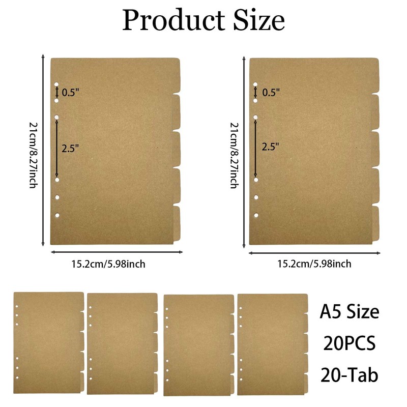 20pcs A5 Binder Dividers with Tabs 6-Hole Kraft Paper Index
