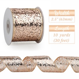 DINDOSAL Rose Gold Wired Ribbon 2.5 Inch Rose Gold Christmas Tree Ribbon Glitter Sequin Metallic Mesh Wired Christmas Ribbon for Wreaths Topper Bows Crafts Gift Wrap Holiday Decor- 10 Yards (30Ft)