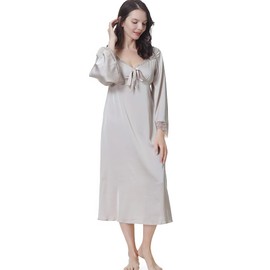 Flwydran Women's Nightdress Satin Silk Elegant Night Dress Pink Victory Sleep Shirt Cute Long Sleeves Retro Sleepwear - pink, size: m