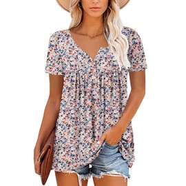 Women Tops Summer Short Sleeve Shirts Light Pink Flower Blouse V Neck Pull Over Tunic Top XL
