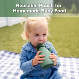 haakaa Silicone Hippo Pouch –9oz/260ml Reusable Pouches for Toddlers, Reusable Baby Food Pouches with Wide Neck for Easy Fill & Clean, Perfect for Purees & Smoothies, 4 Pack, (Pea Green)