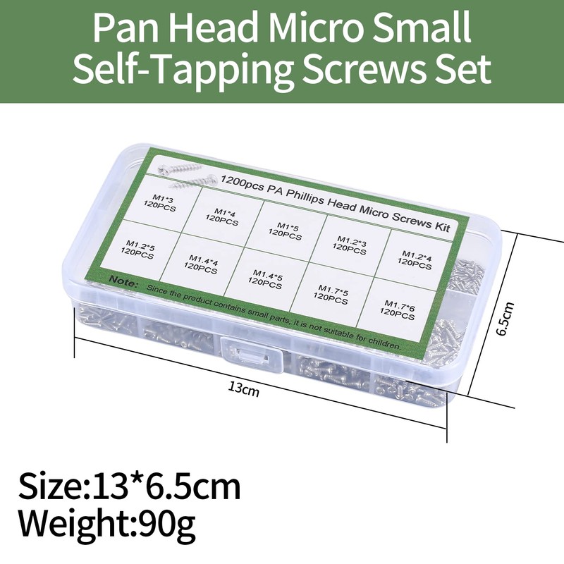 1200 Pcs Mini Screw kit, M1/M1.2/M1.4/M1.7 Micro Phillips Head Pan