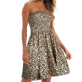 Comeon Women Off Shoulder Strapless Sleeveless Tube Top Dress Floral Summer Beach Coverup Flowy Midi Dress (Leopard,L)